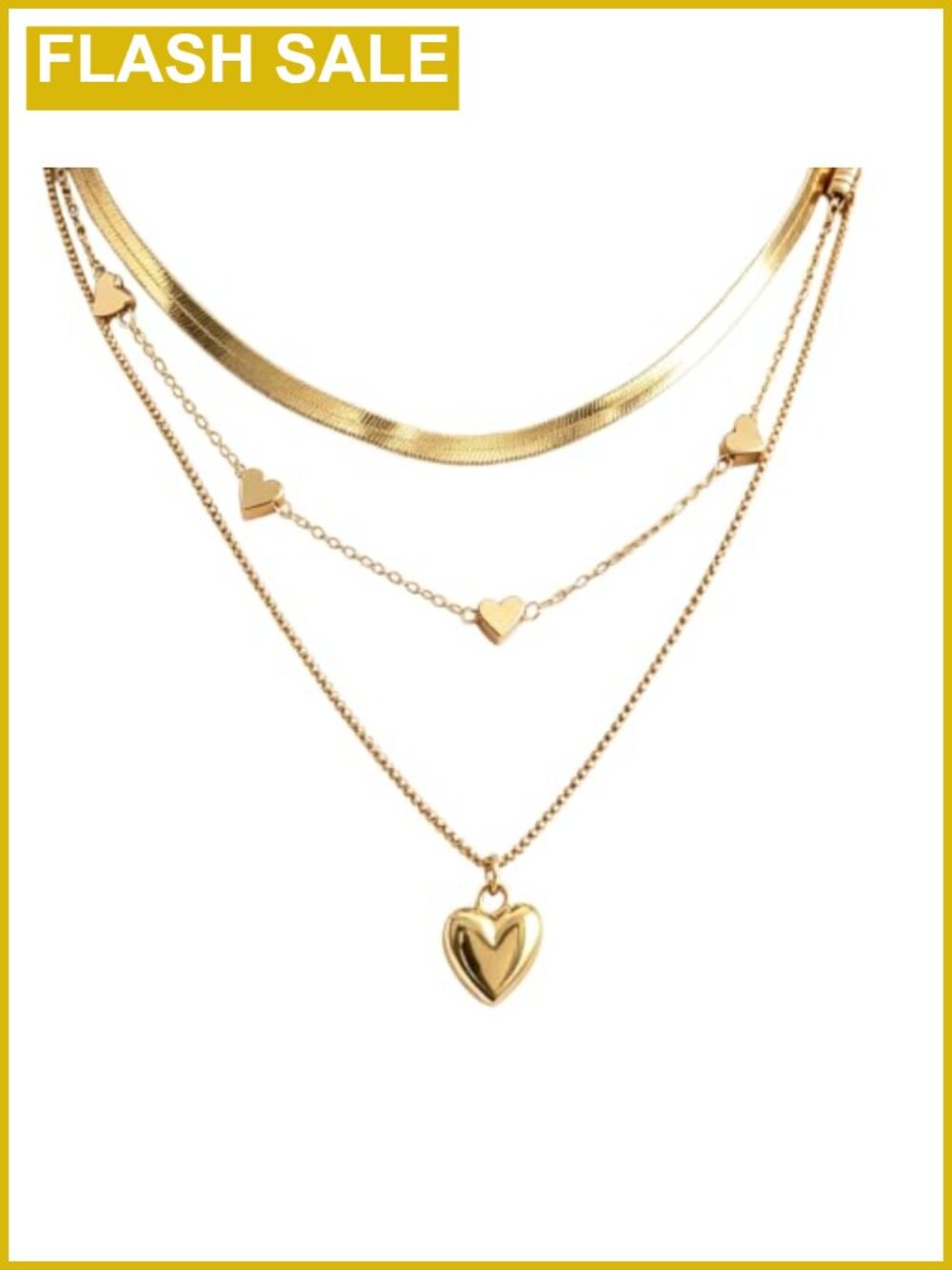 Gold Layered Choker Necklace Set 3 Piece Stackable Heart Pendant